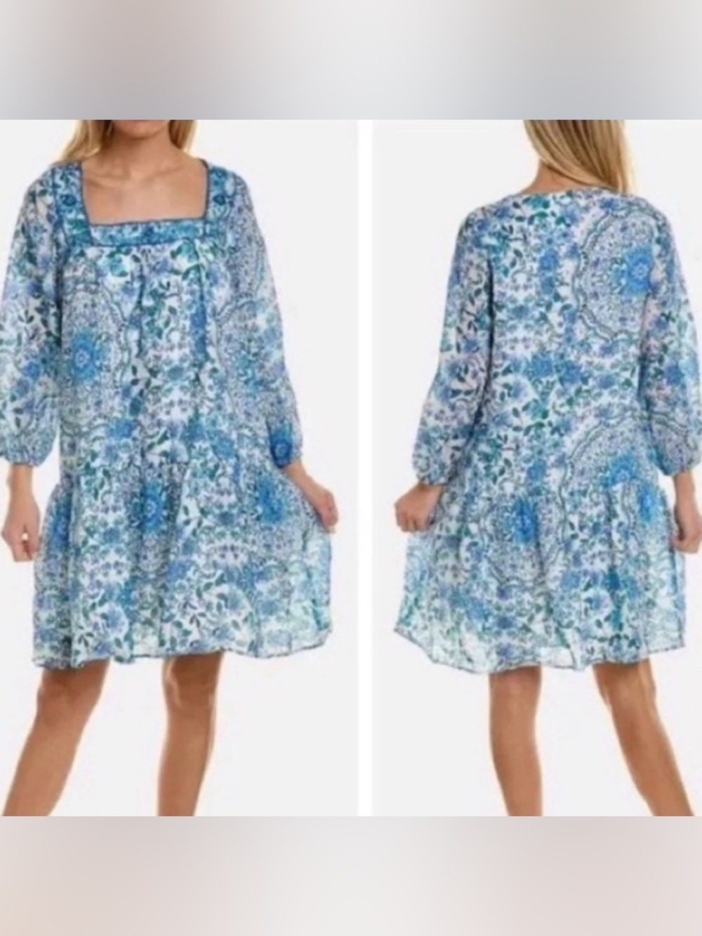 Johnny Was Leilani Mini Dress Linen NWOT Blue Floral Embroidered Neck Small